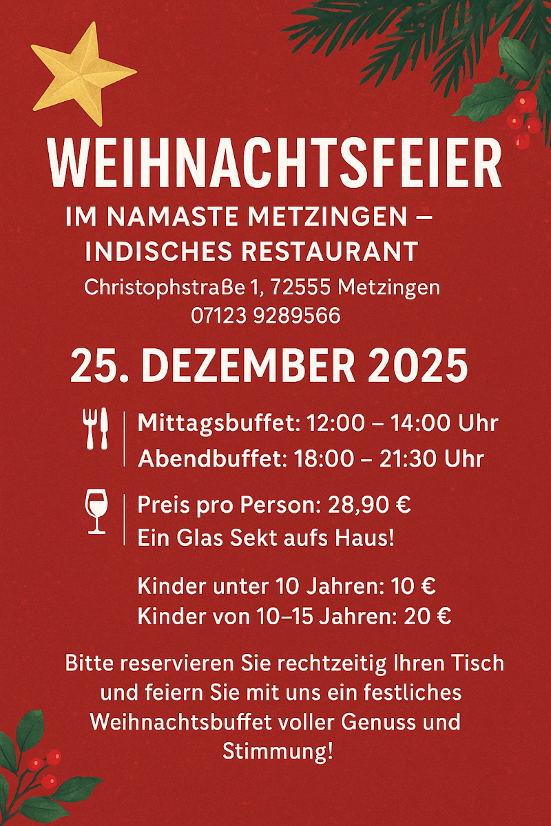 Speisekarte, Namaste Metzingen Indisches Restaurant