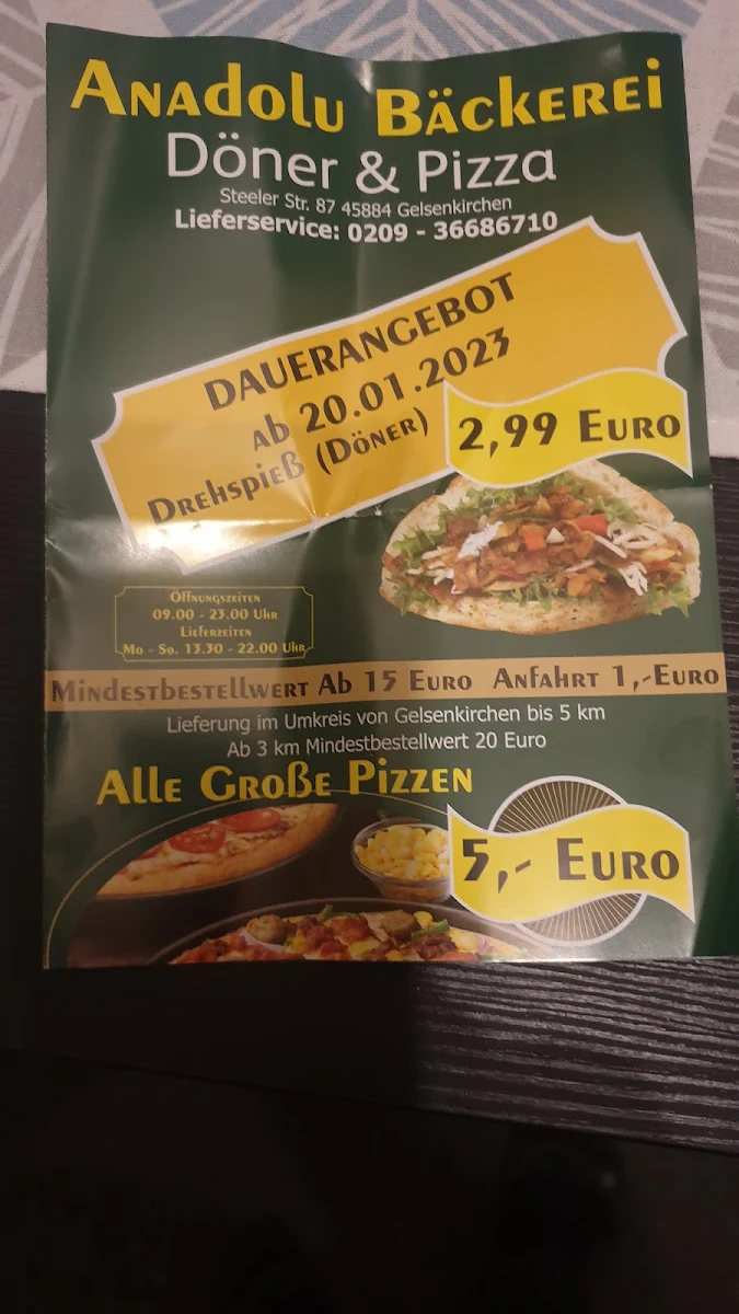 Speisekarte, Anadolu Bäckerei Döner & Pizza