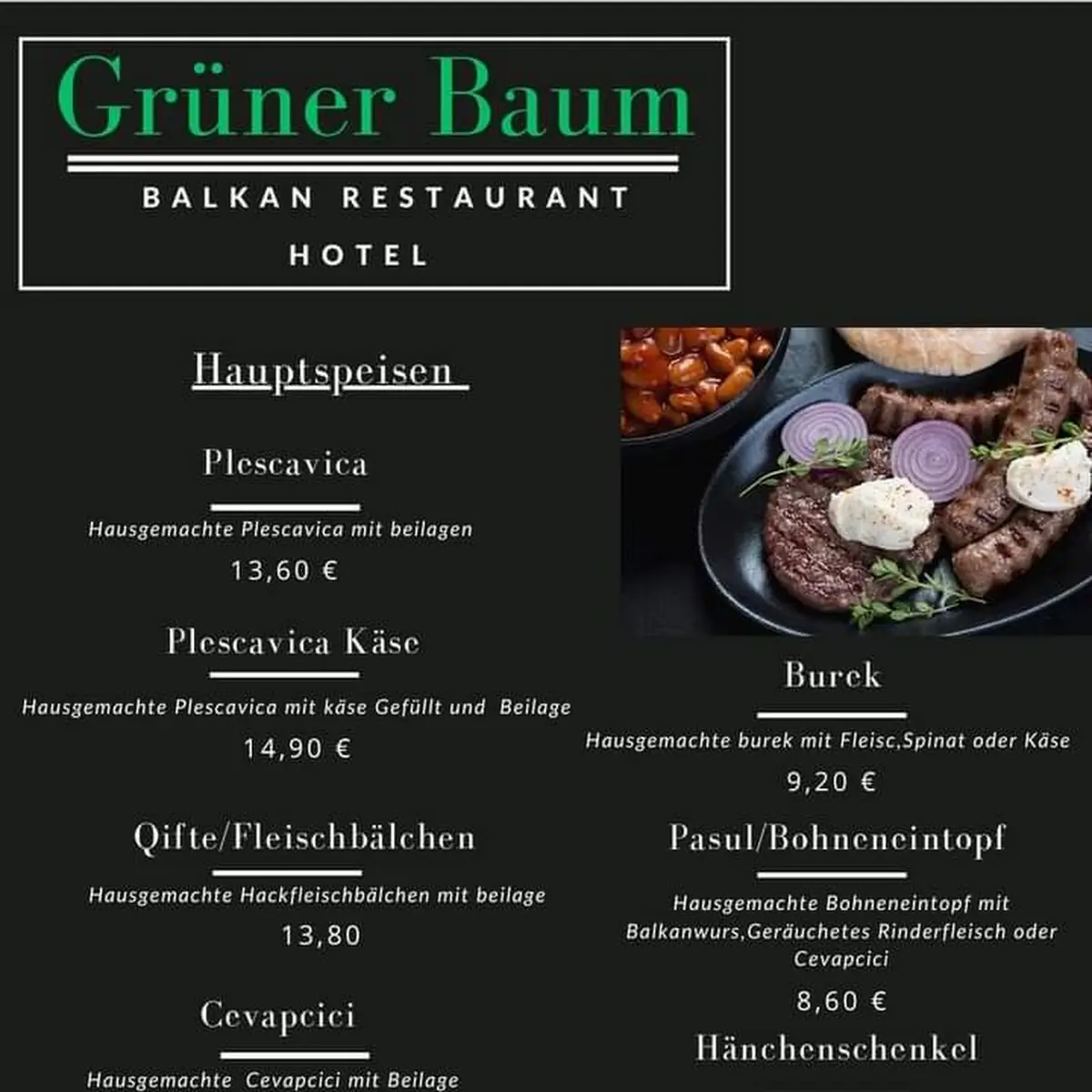 Speisekarte, Hotel & Restaurant „Grüner Baum“ - Neuenbürg / Inhaber Safet Humaj