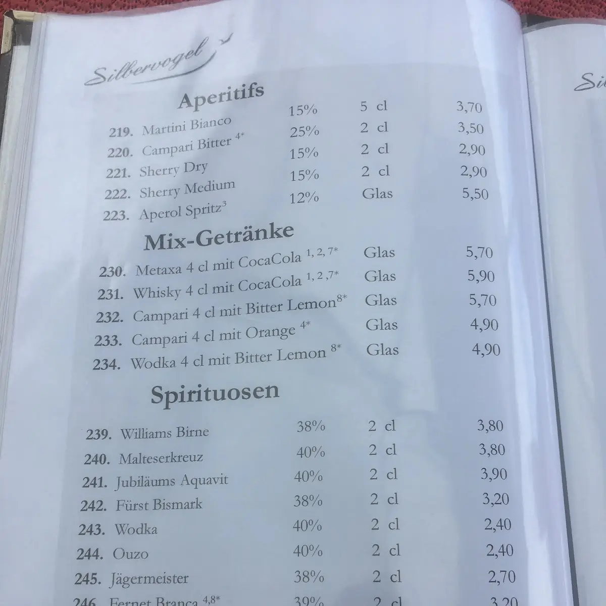 Speisekarte, Flugzeug Restaurant Silbervogel
