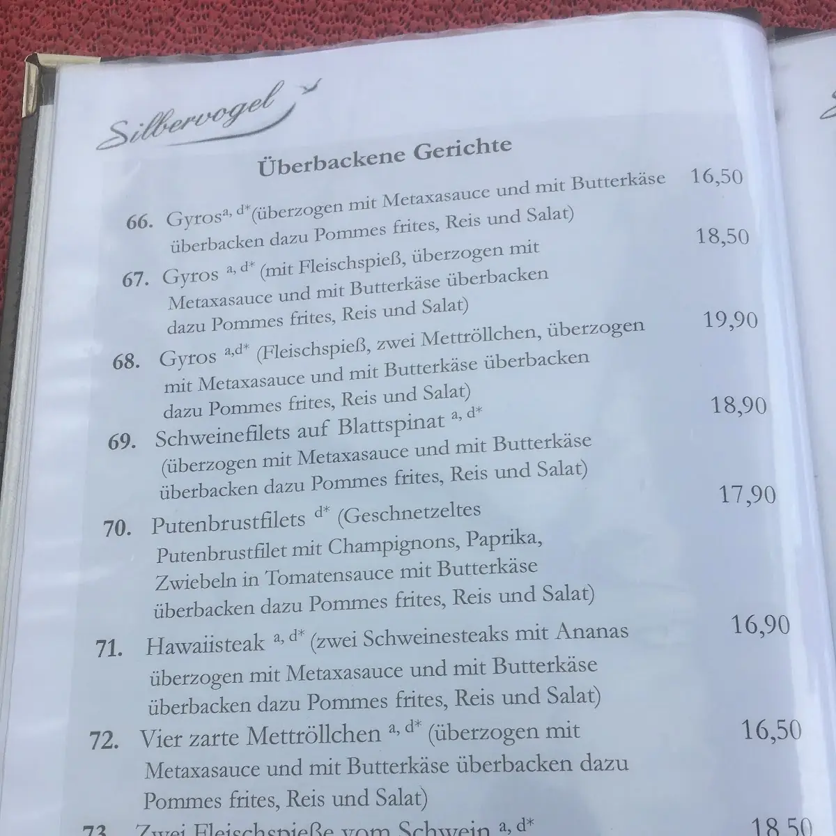 Speisekarte, Flugzeug Restaurant Silbervogel