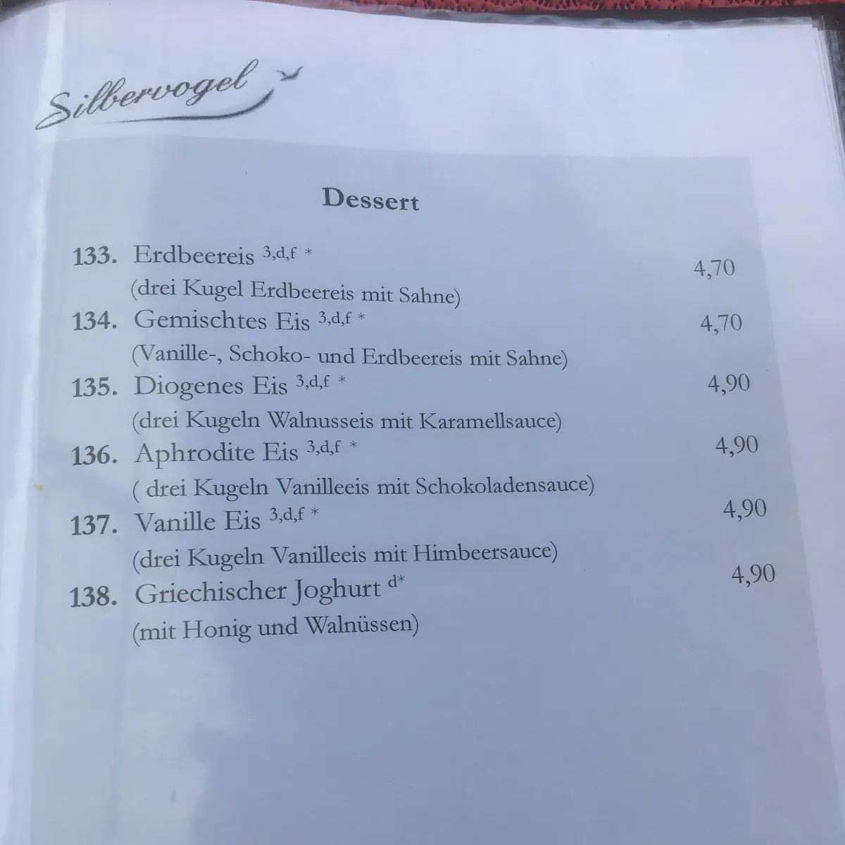 Speisekarte, Flugzeug Restaurant Silbervogel