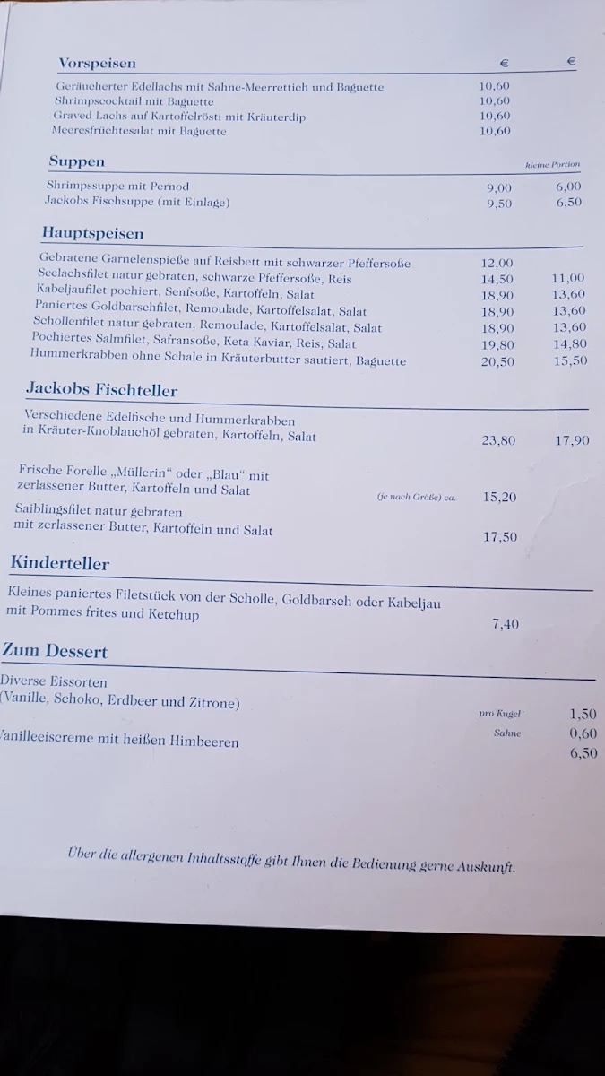 Speisekarte, Restaurant FischJackob