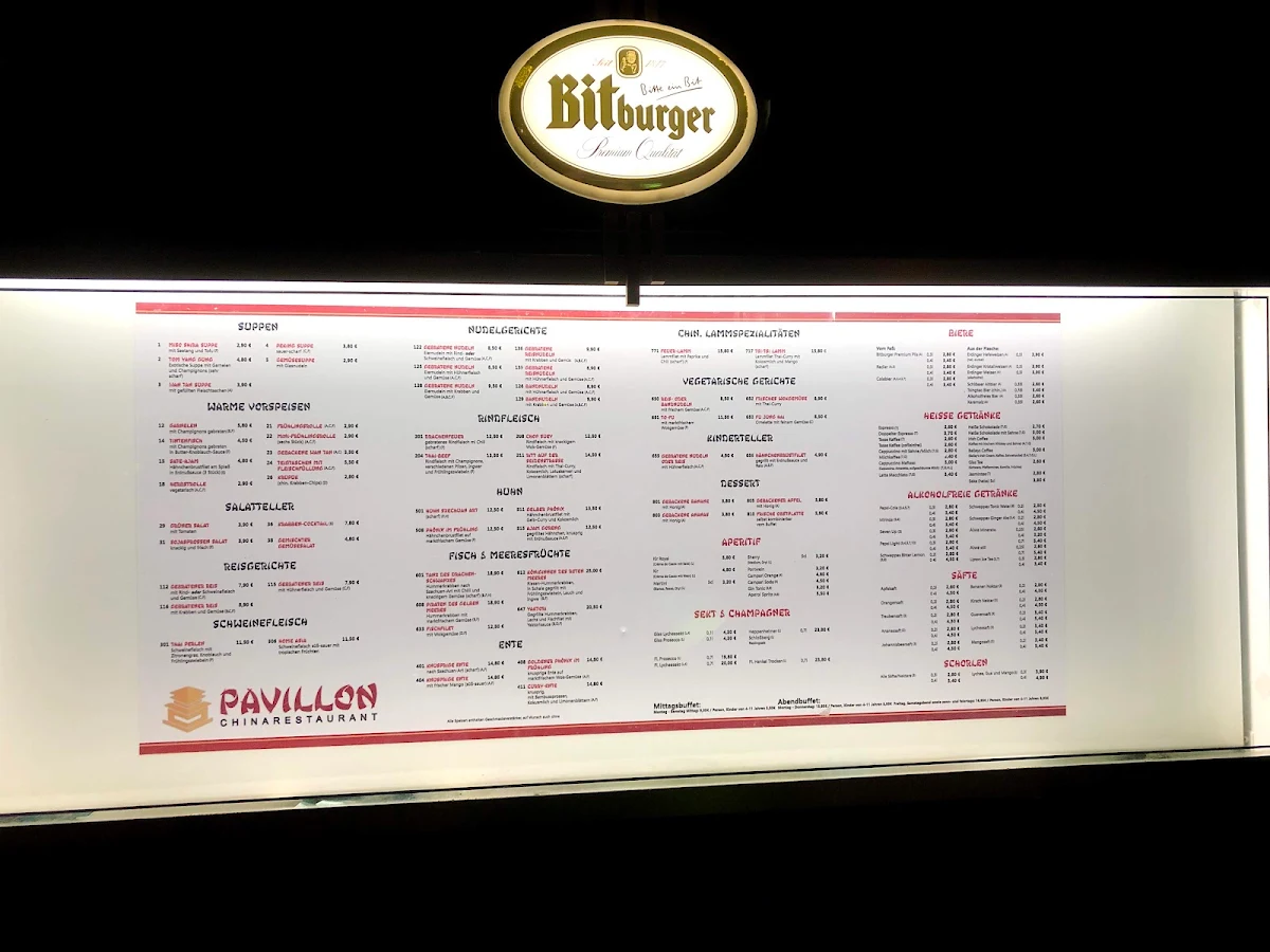 Speisekarte, Chinarestaurant Pavillon