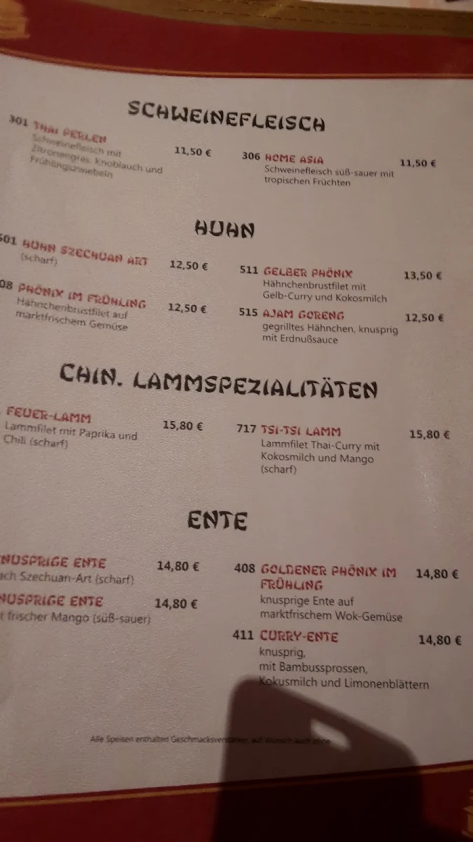 Speisekarte, Chinarestaurant Pavillon