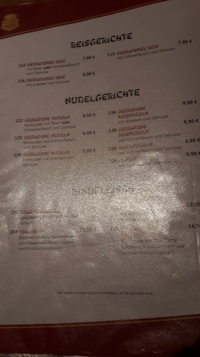 Speisekarte, Chinarestaurant Pavillon