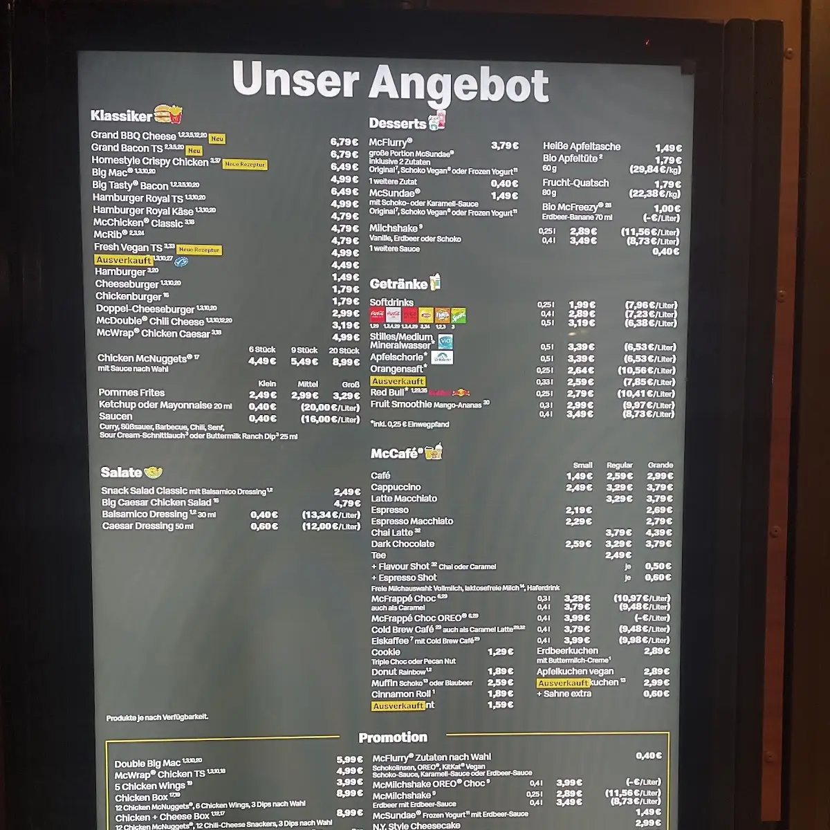 Speisekarte, McDonald's