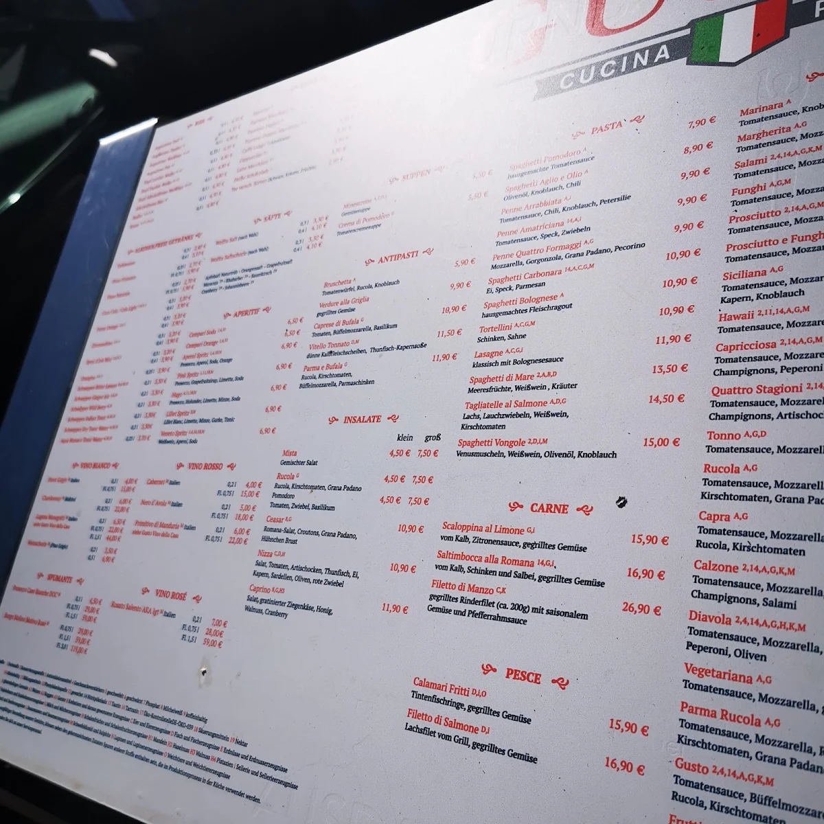 Speisekarte, Gusto Cucina&Pizza