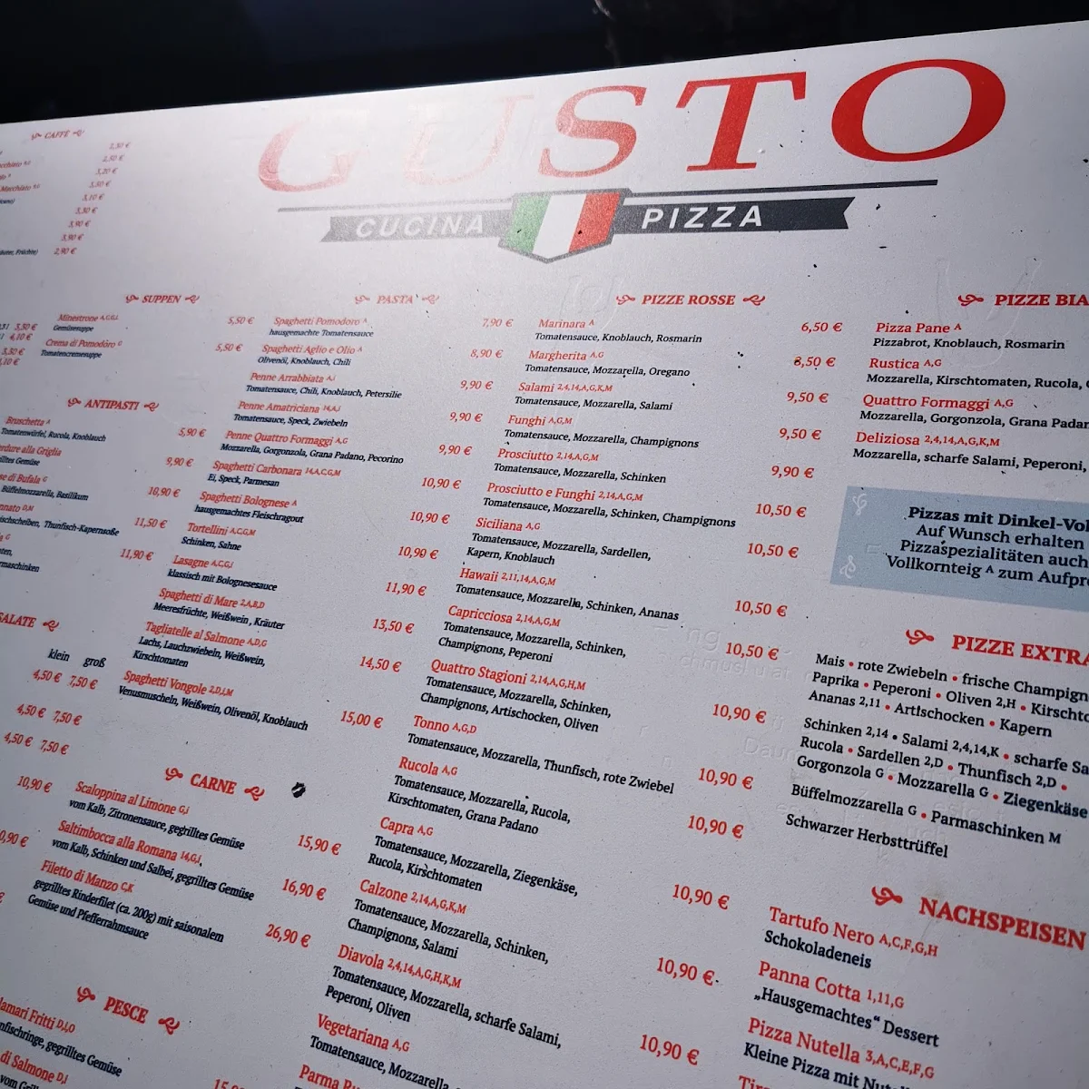 Speisekarte, Gusto Cucina&Pizza