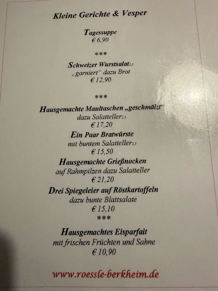 Speisekarte, Gasthaus Rössle