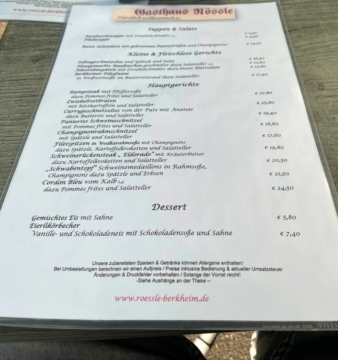 Speisekarte, Gasthaus Rössle