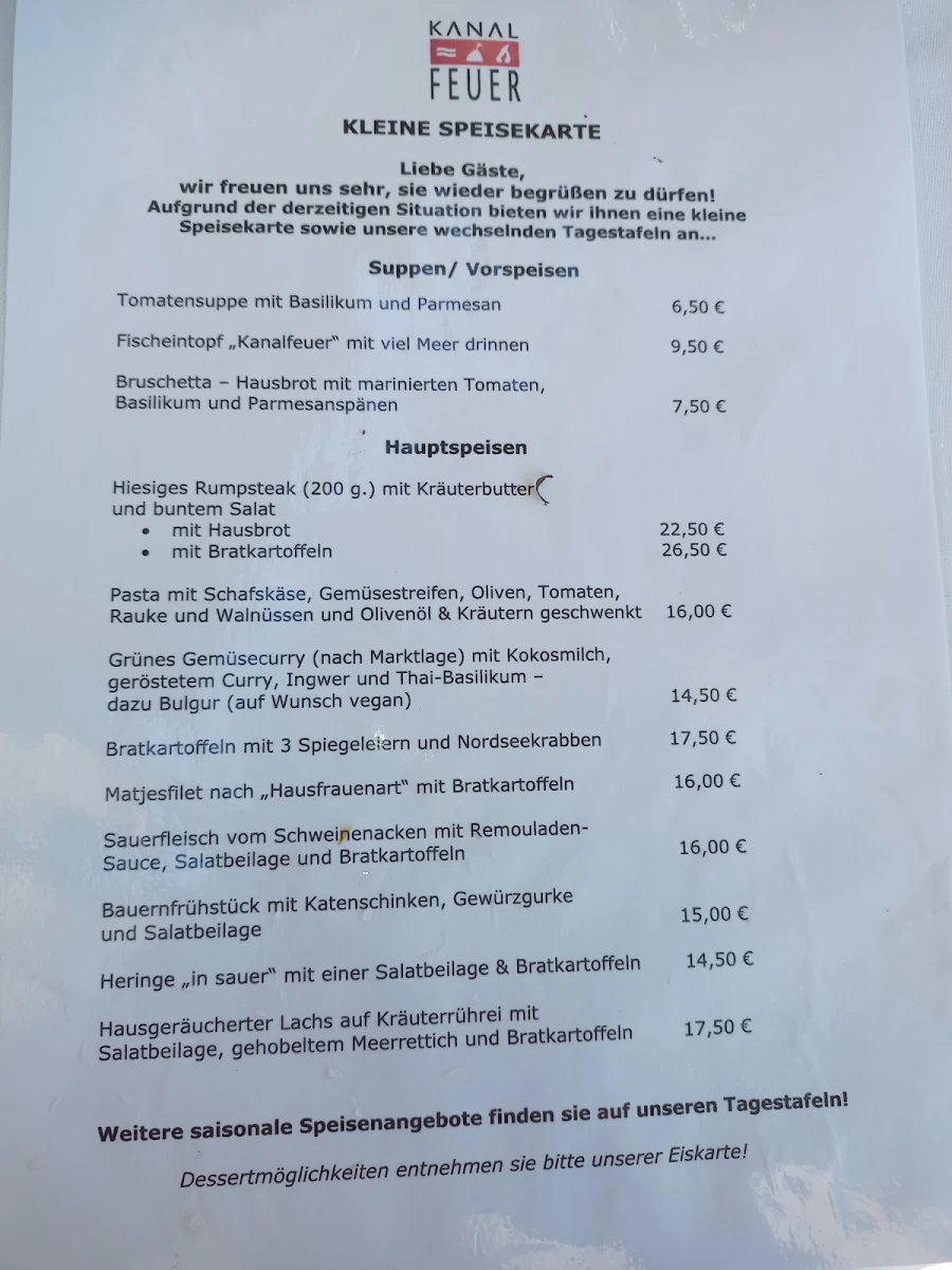 Speisekarte, Restaurant & Café Kanalfeuer