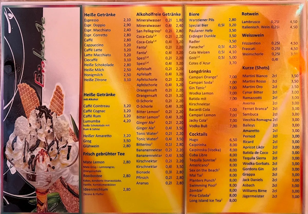 Speisekarte, Eiscafé Mo