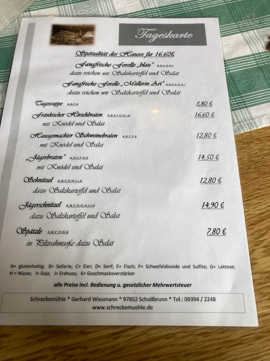Speisekarte, Schreckemühle Gastronomie - Spezialität Forelle