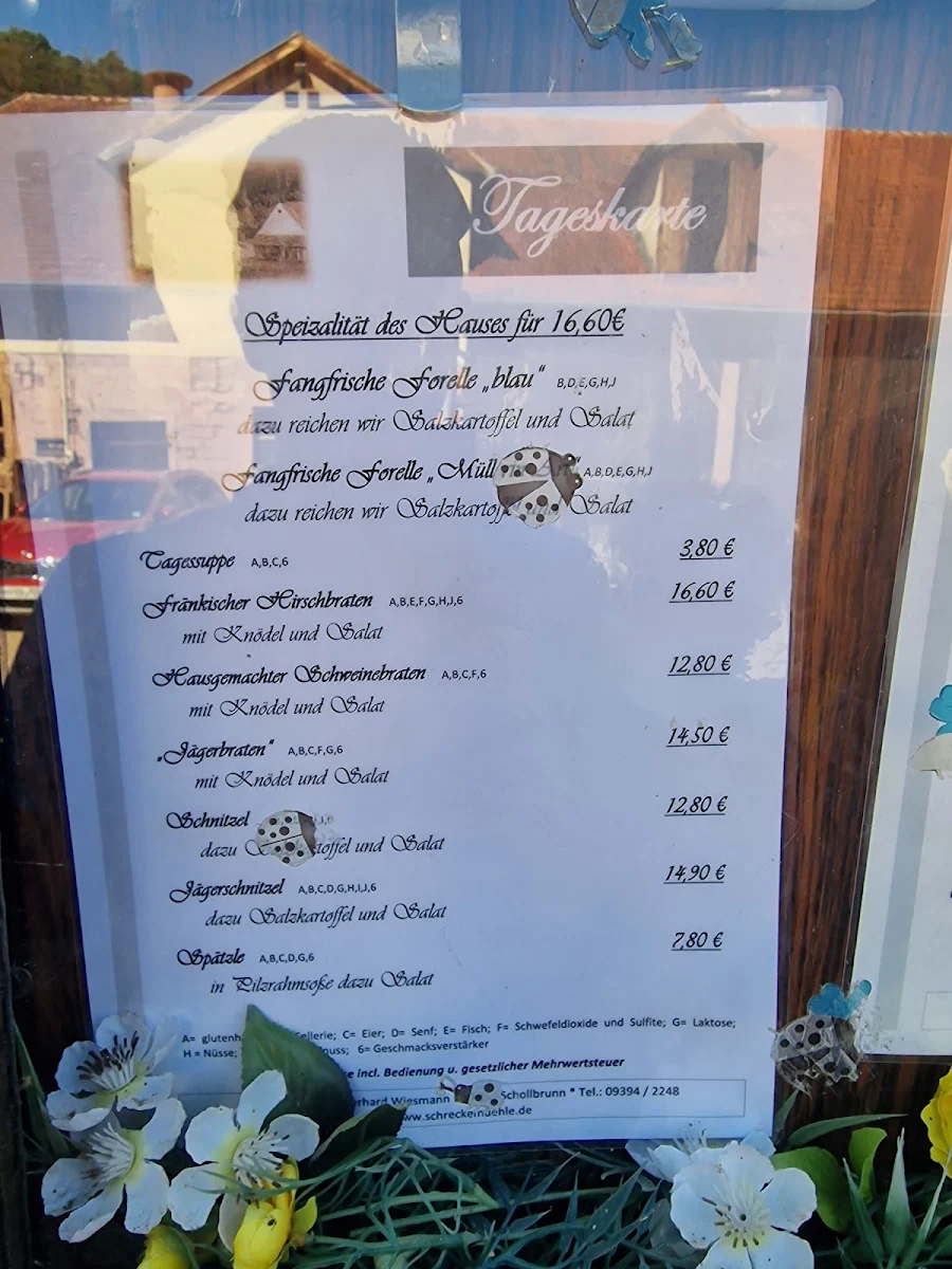Speisekarte, Schreckemühle Gastronomie - Spezialität Forelle