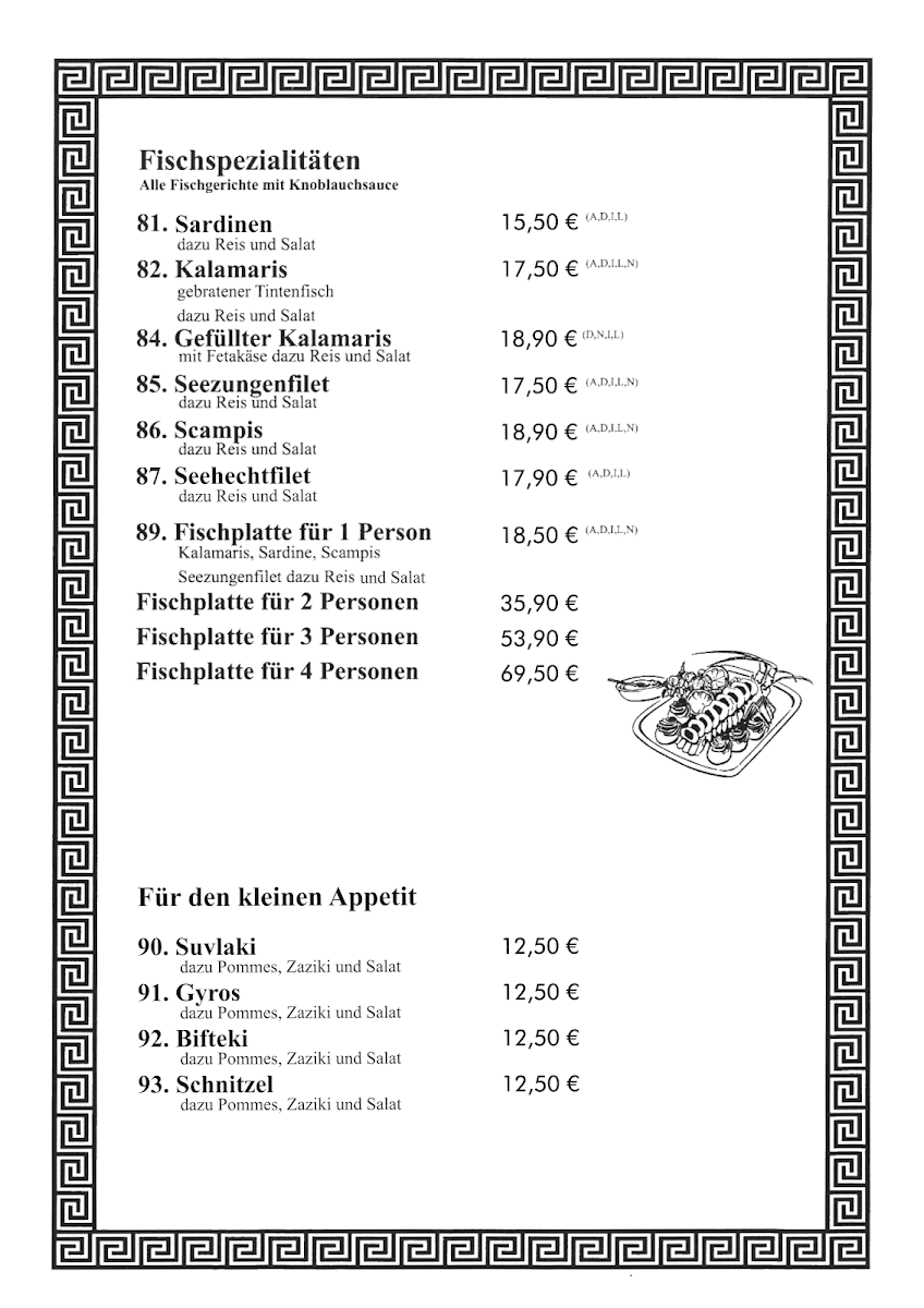 Speisekarte, Restaurant Athen