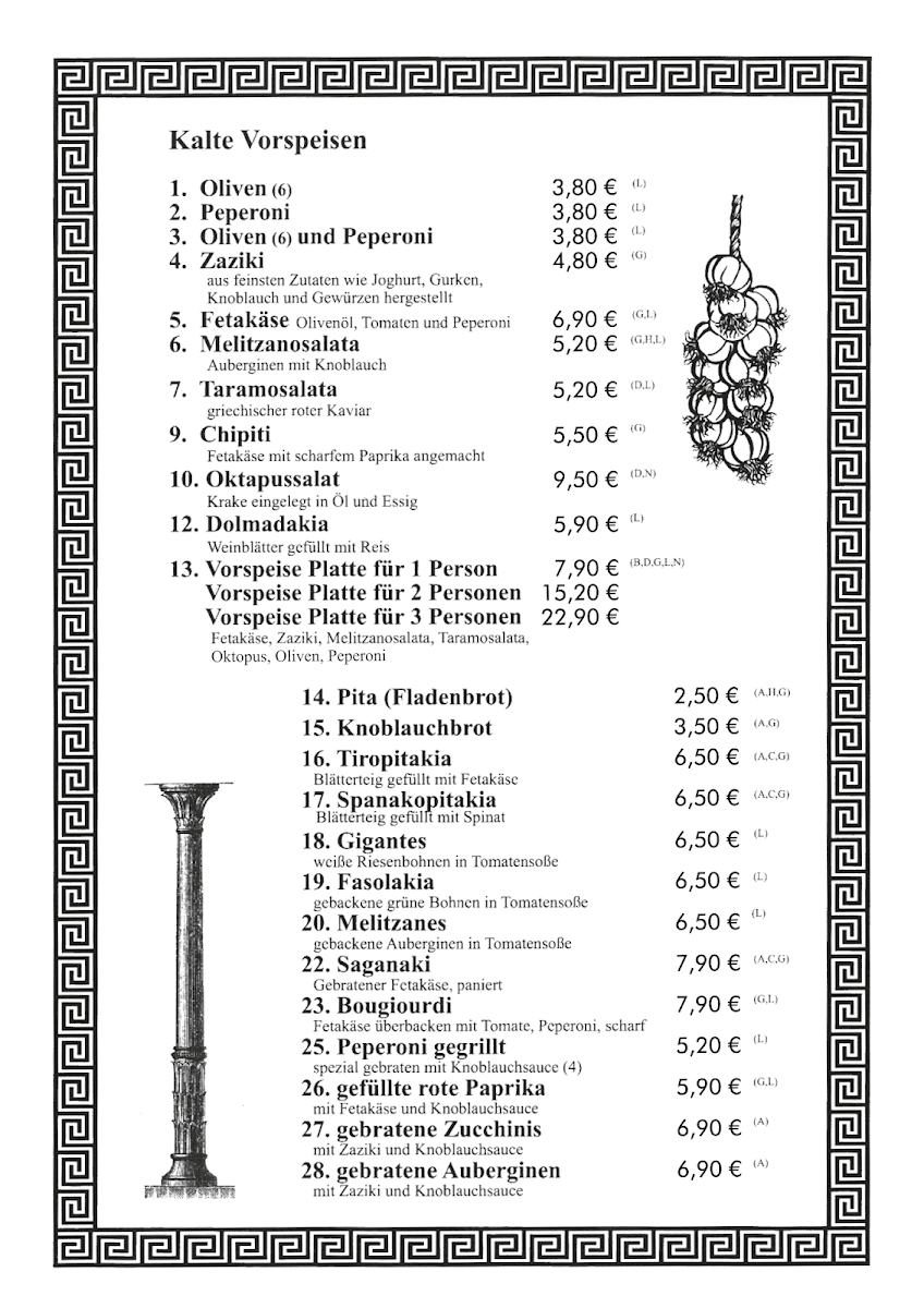 Speisekarte, Restaurant Athen