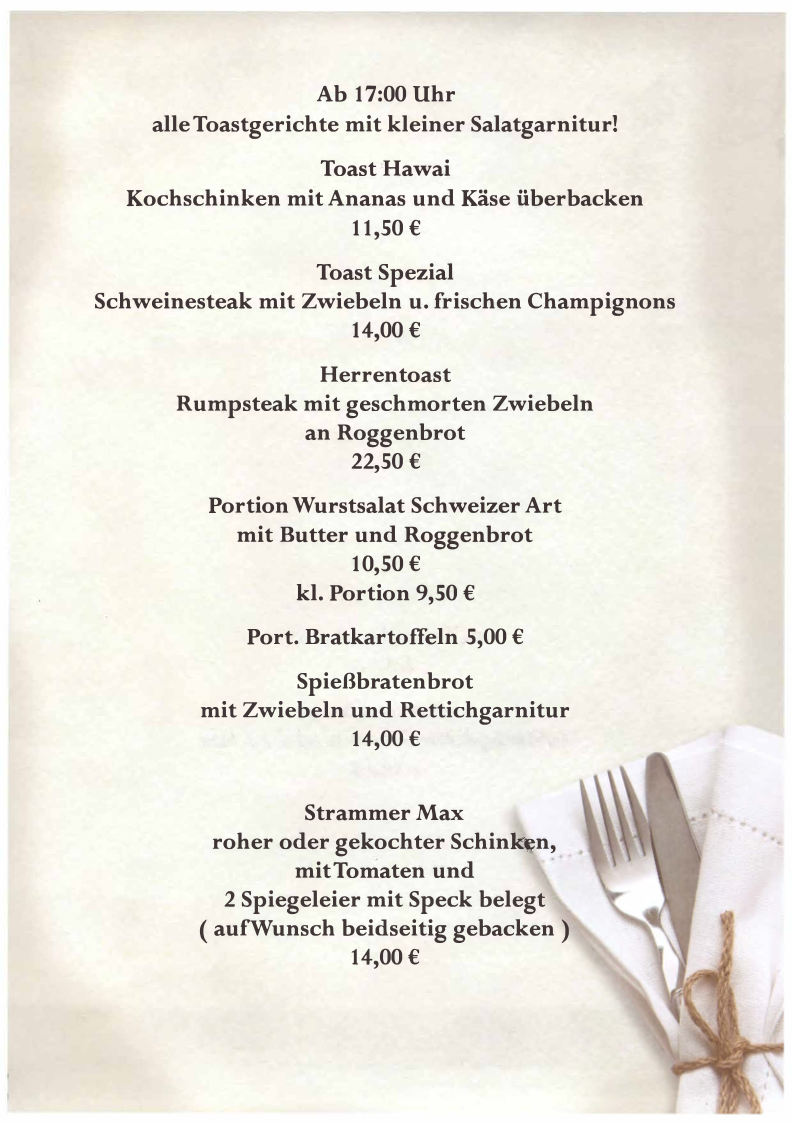 Speisekarte, Sportgaststätte Im Haag