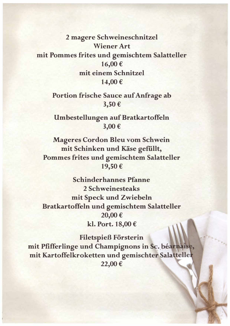 Speisekarte, Sportgaststätte Im Haag