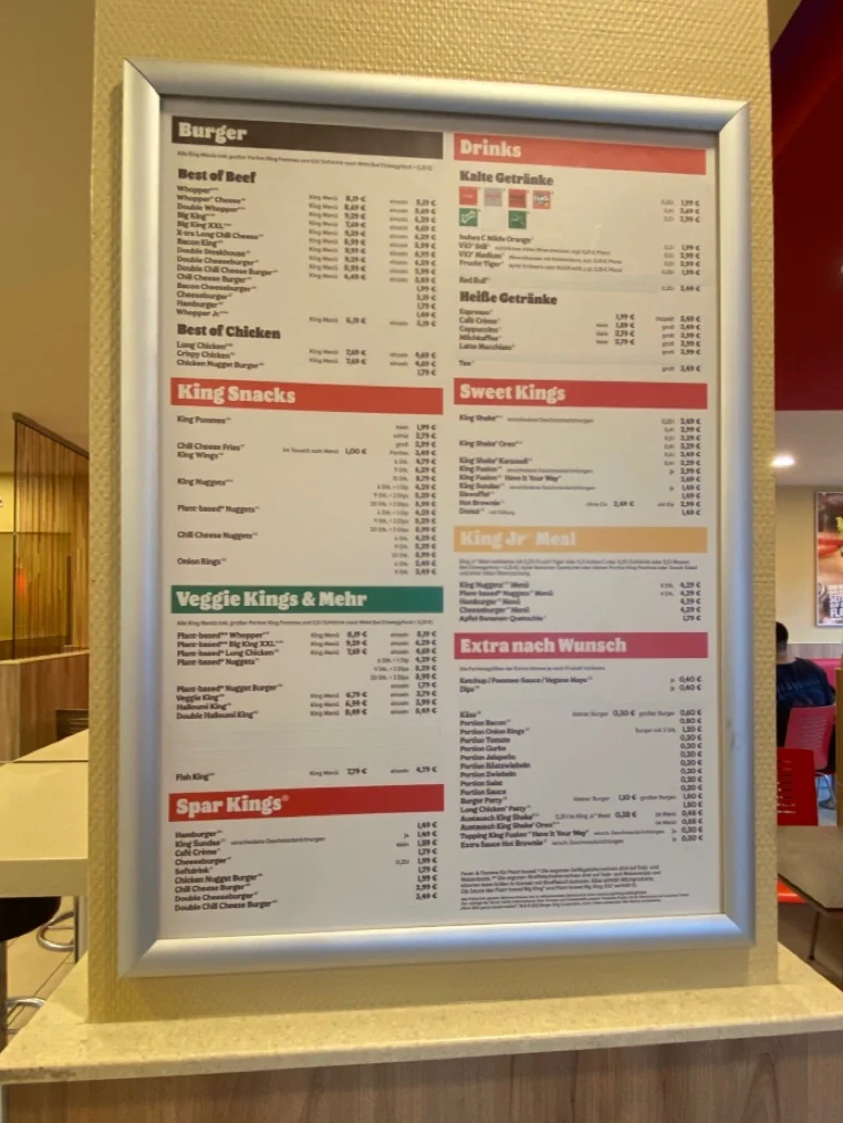 Speisekarte, Burger King Stuttgart