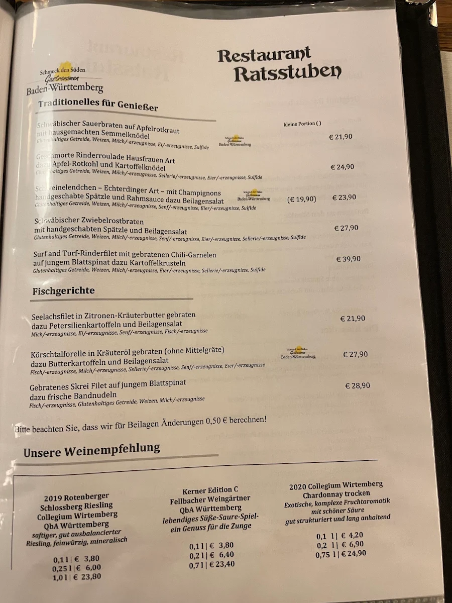 Speisekarte, Restaurant Ratsstuben