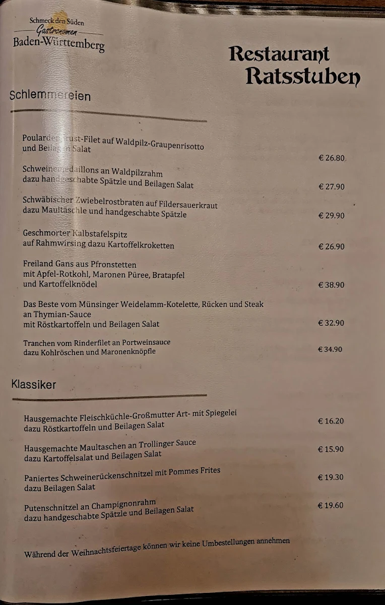 Speisekarte, Restaurant Ratsstuben