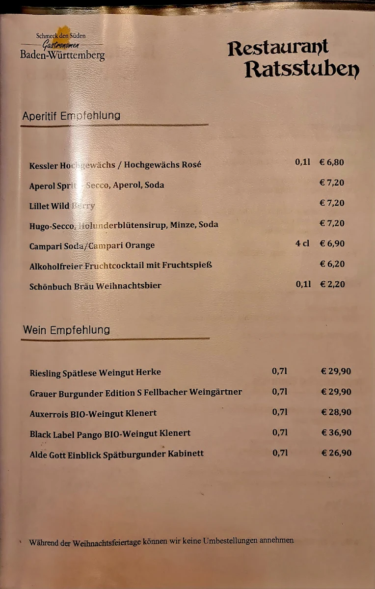 Speisekarte, Restaurant Ratsstuben