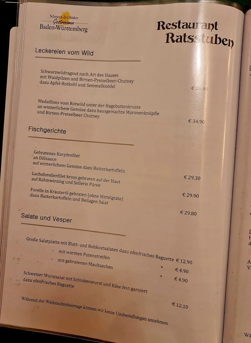 Speisekarte, Restaurant Ratsstuben