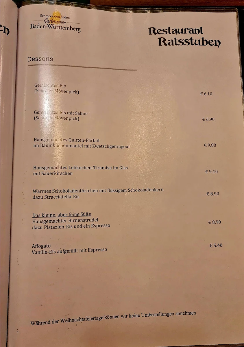 Speisekarte, Restaurant Ratsstuben