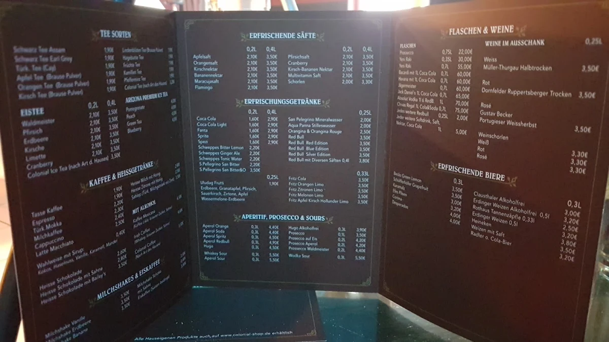 Speisekarte, Colonial Lounge & Shop