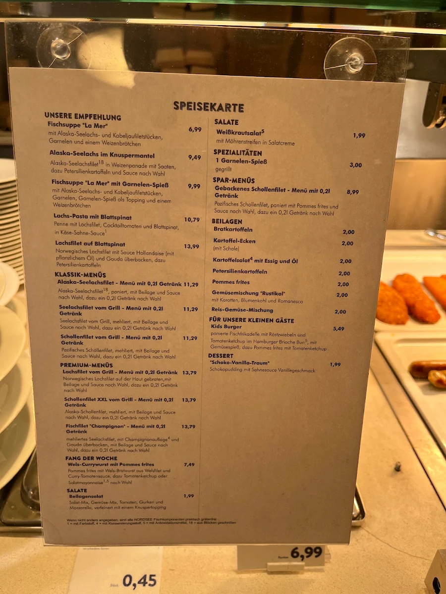 Speisekarte, NORDSEE Düsseldorf Hbf