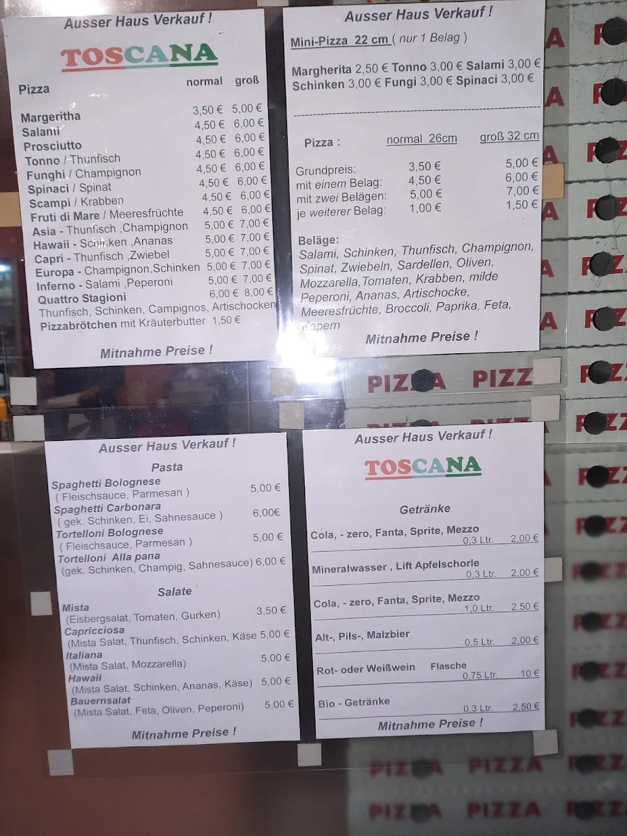 Speisekarte, Pizzeria Toscana