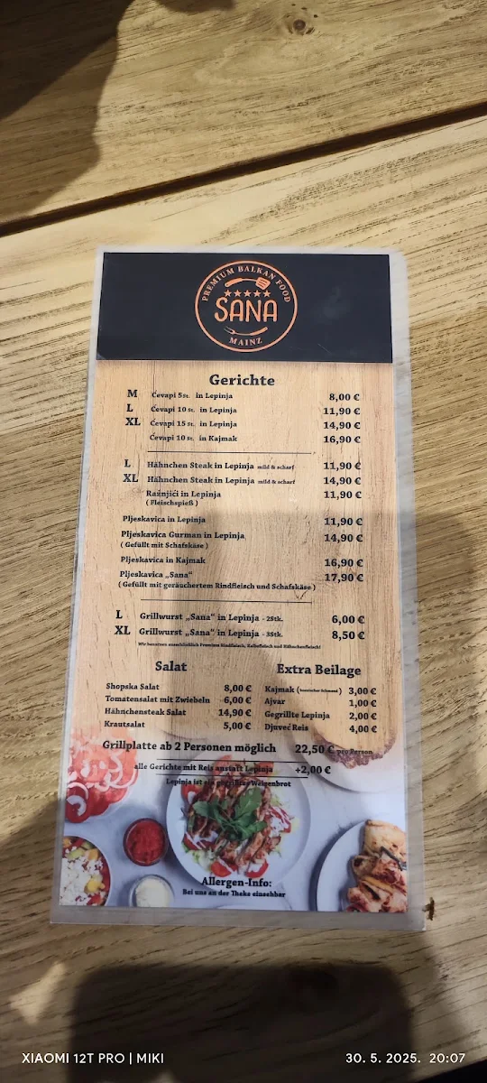 Speisekarte, Sana Ćevapčići & Co. Mainz