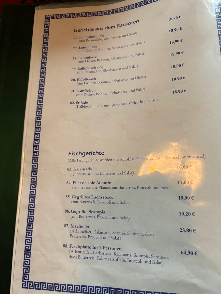 Speisekarte, Taverna Dionysos