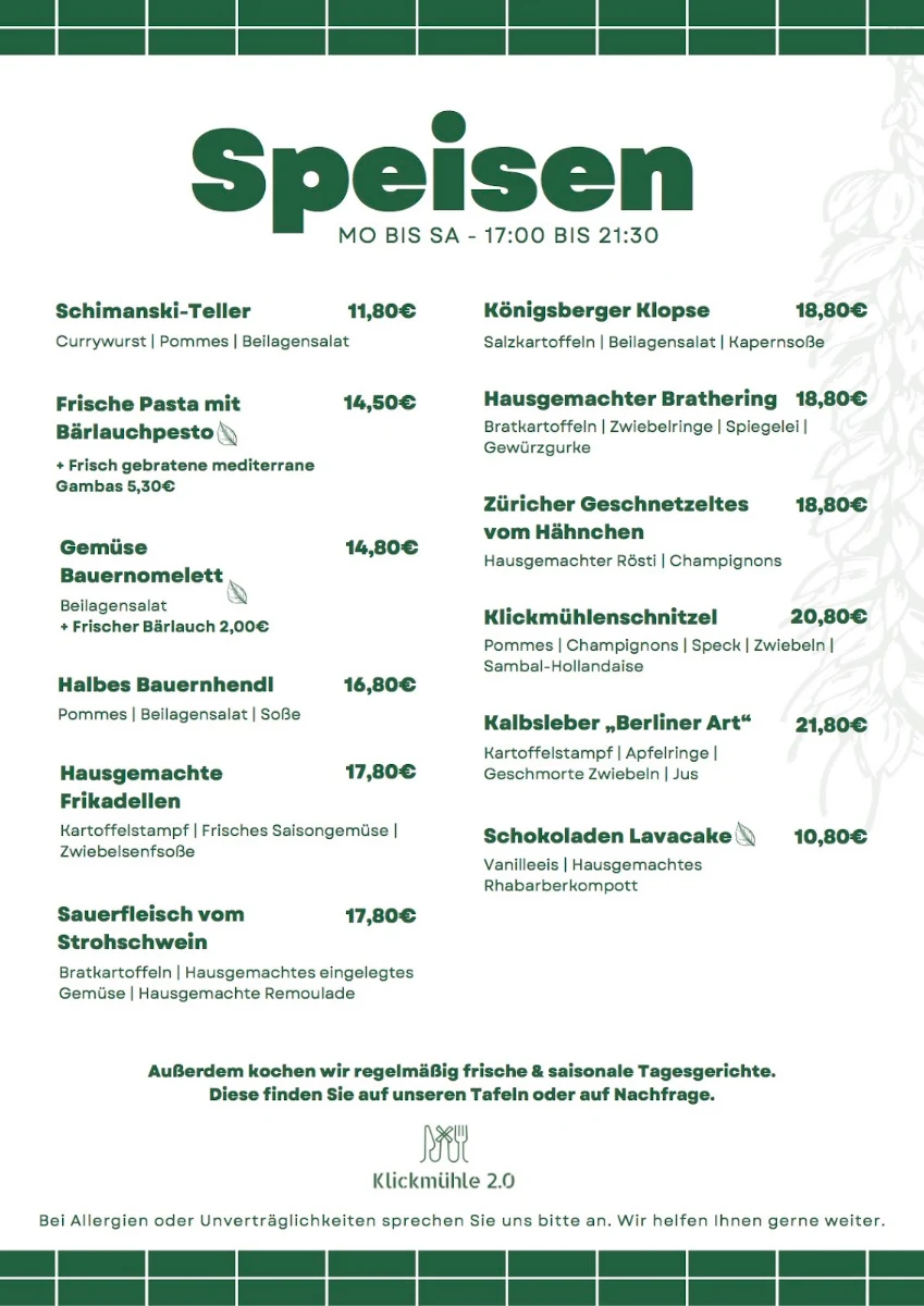 Speisekarte, Klickmühle 2.0