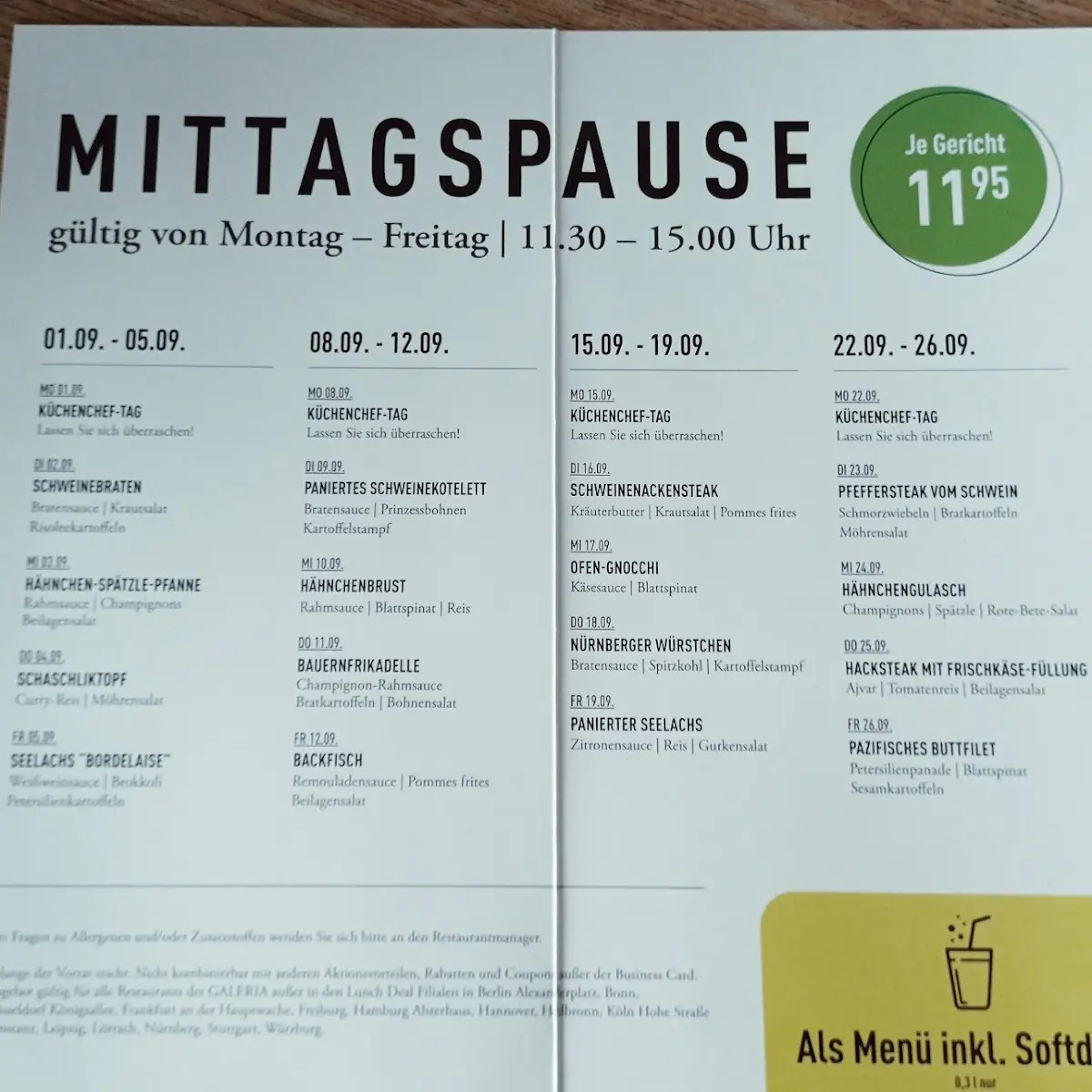 Speisekarte, GALERIA Restaurant