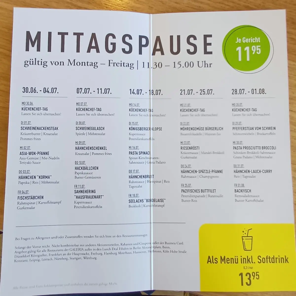 Speisekarte, GALERIA Restaurant