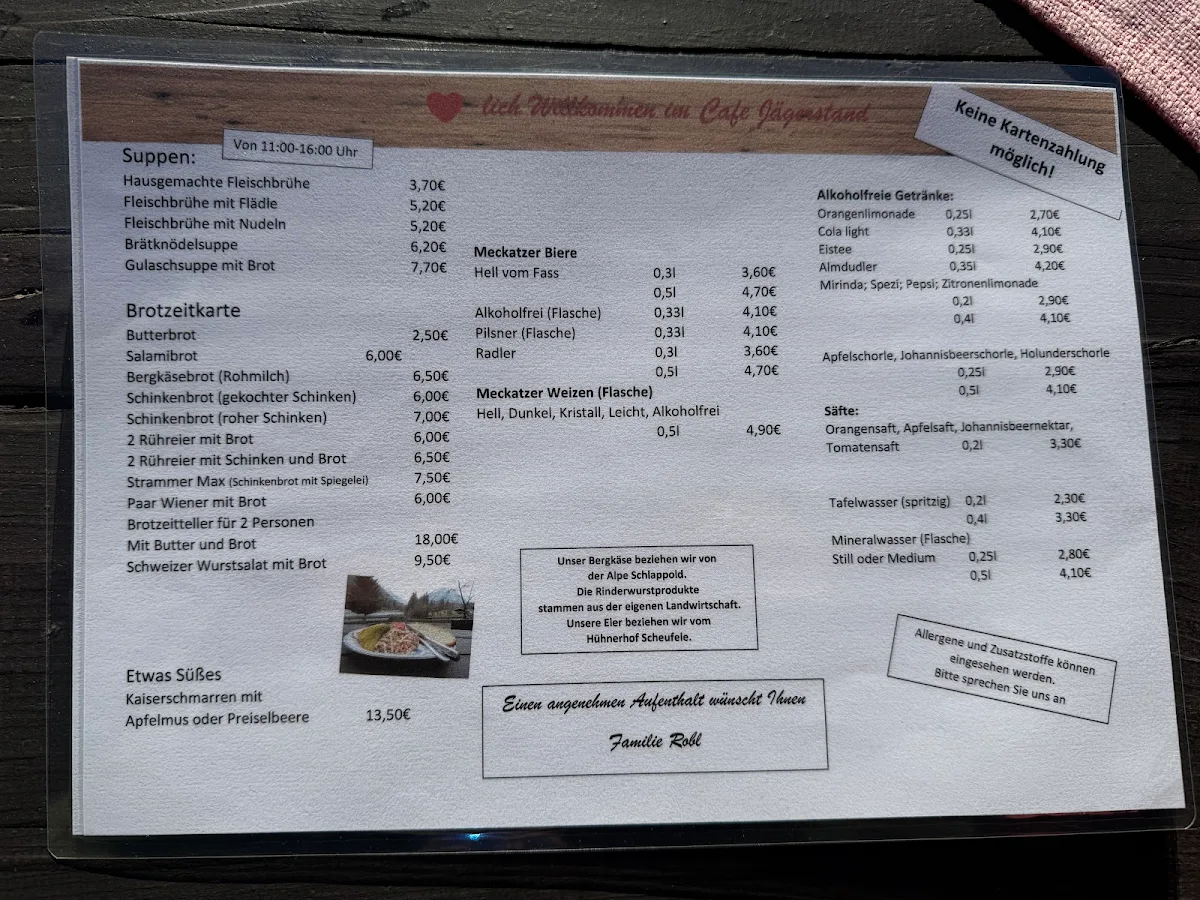 Speisekarte, Cafe Jägerstand