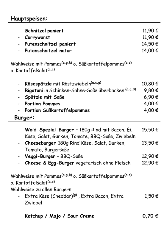 Speisekarte, Woidwirtschaft