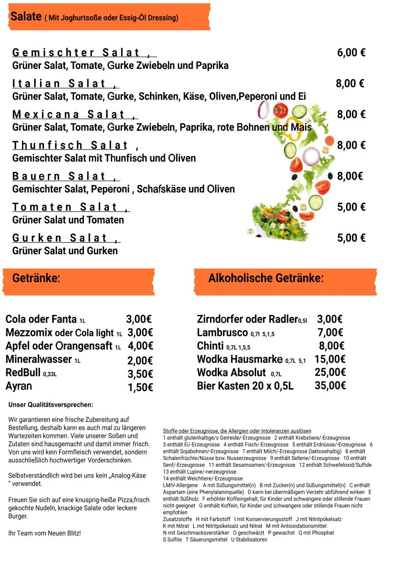 Speisekarte, Blitz pizza liffer services