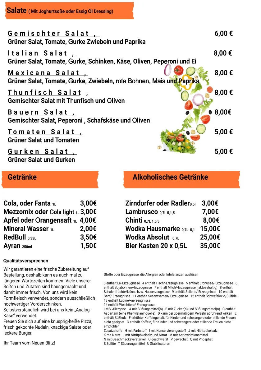 Speisekarte, Blitz pizza liffer services