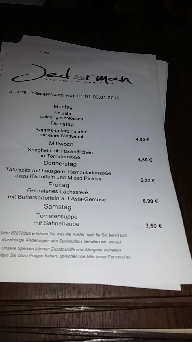 Speisekarte, Bistro Jederman - Caritas Oberhausen eV