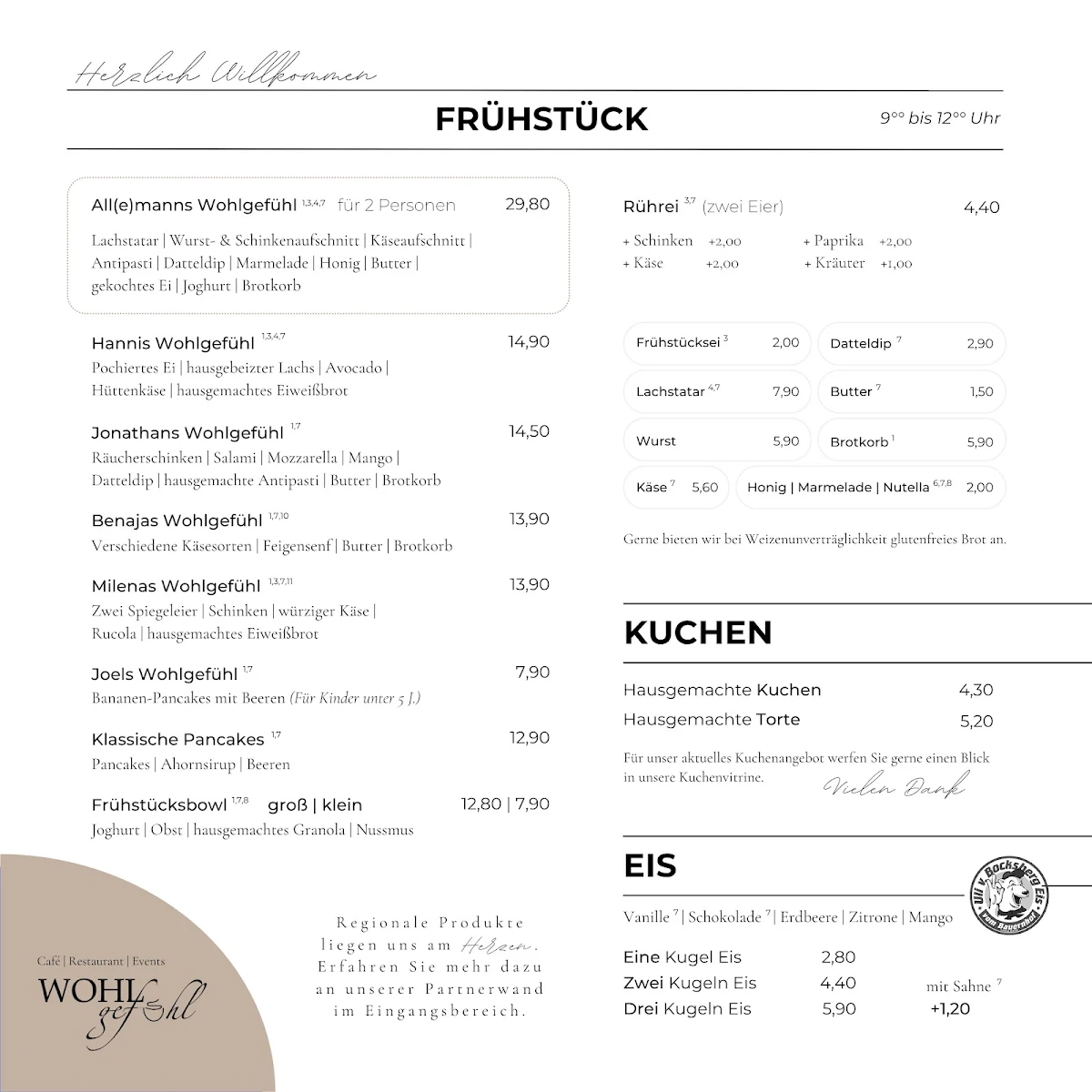 Speisekarte, Café Wohlgefühl