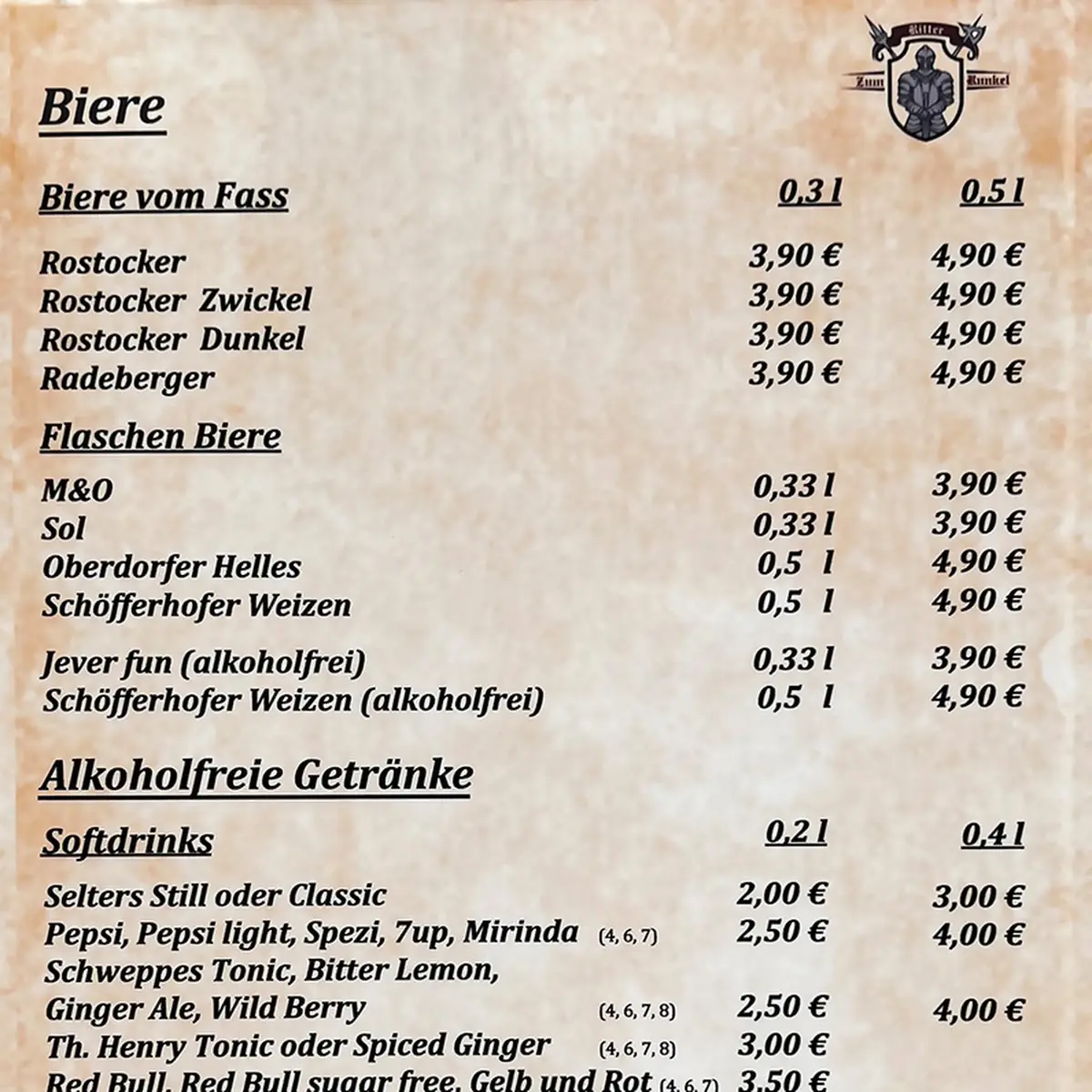 Speisekarte, Ritter Runkel Reiner Stüwe