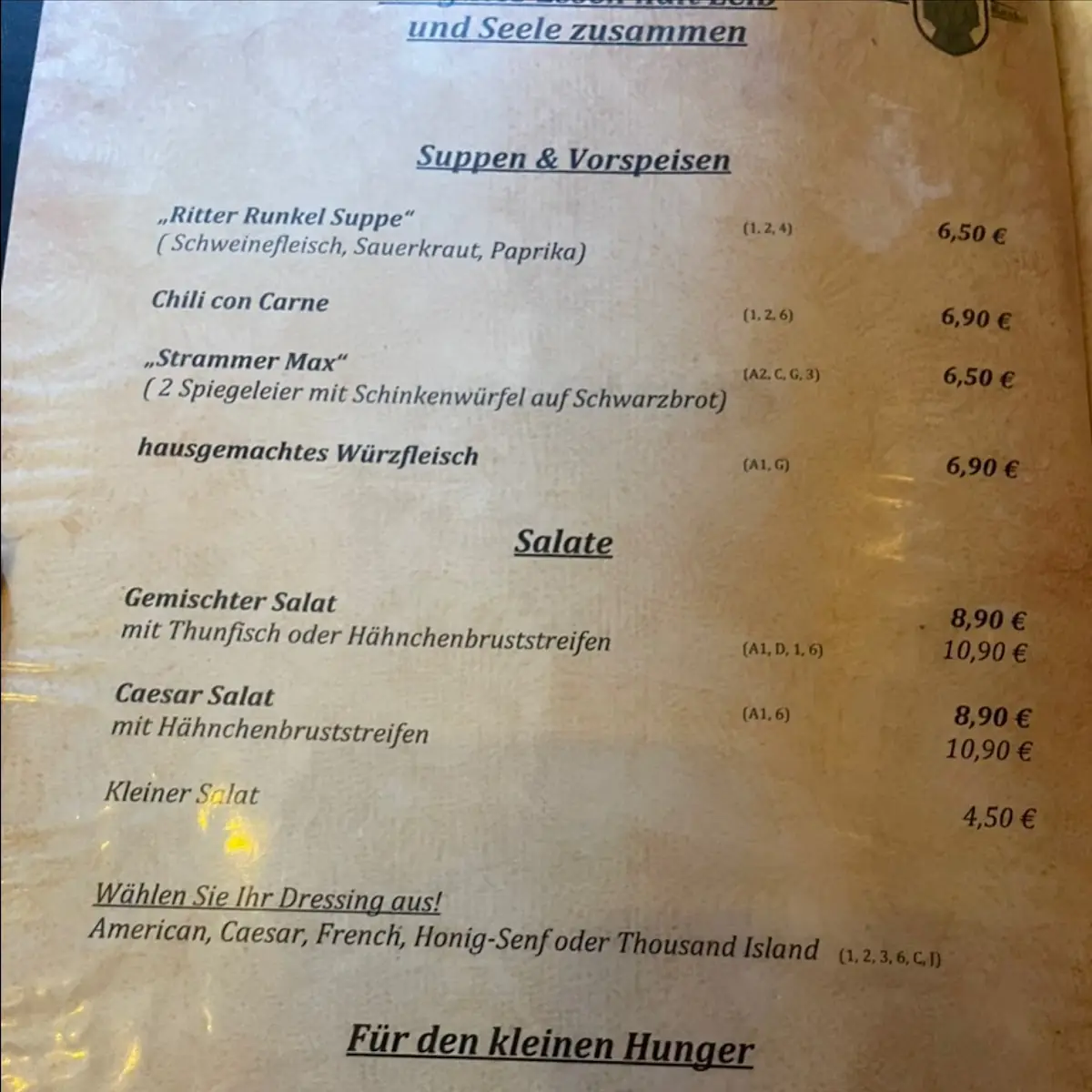Speisekarte, Ritter Runkel Reiner Stüwe