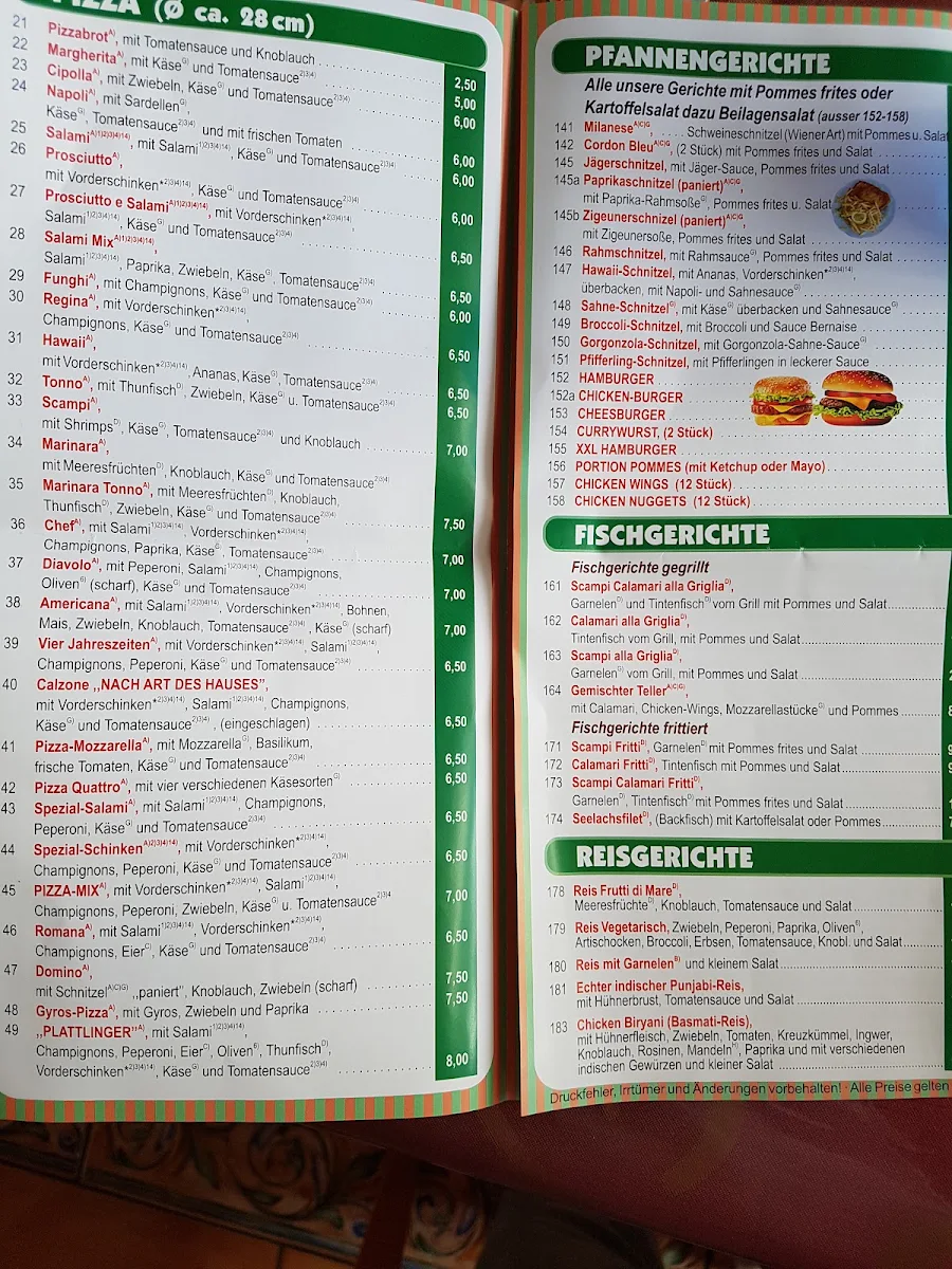 Speisekarte, Plattlinger Pizza Express