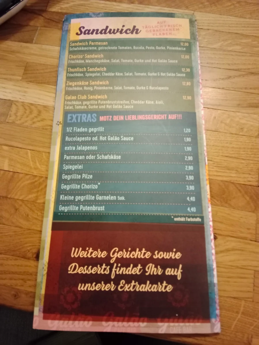 Speisekarte, Galao Pub & Restaurant
