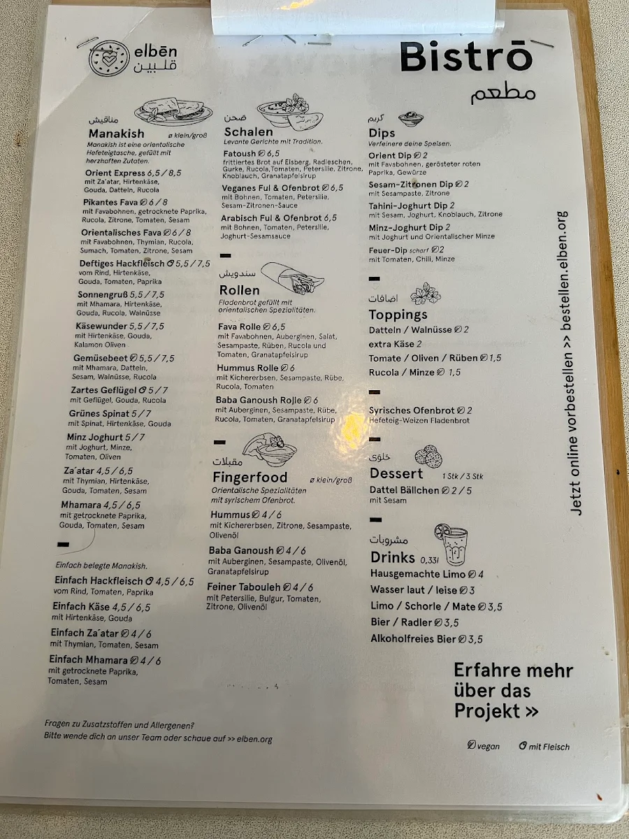 Speisekarte, elbēn an der Wolbecker