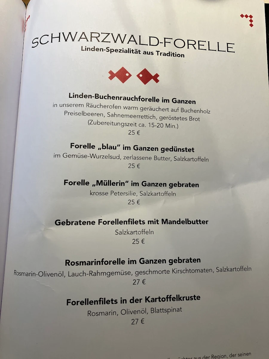 Speisekarte, Hotel & Restaurant Linde