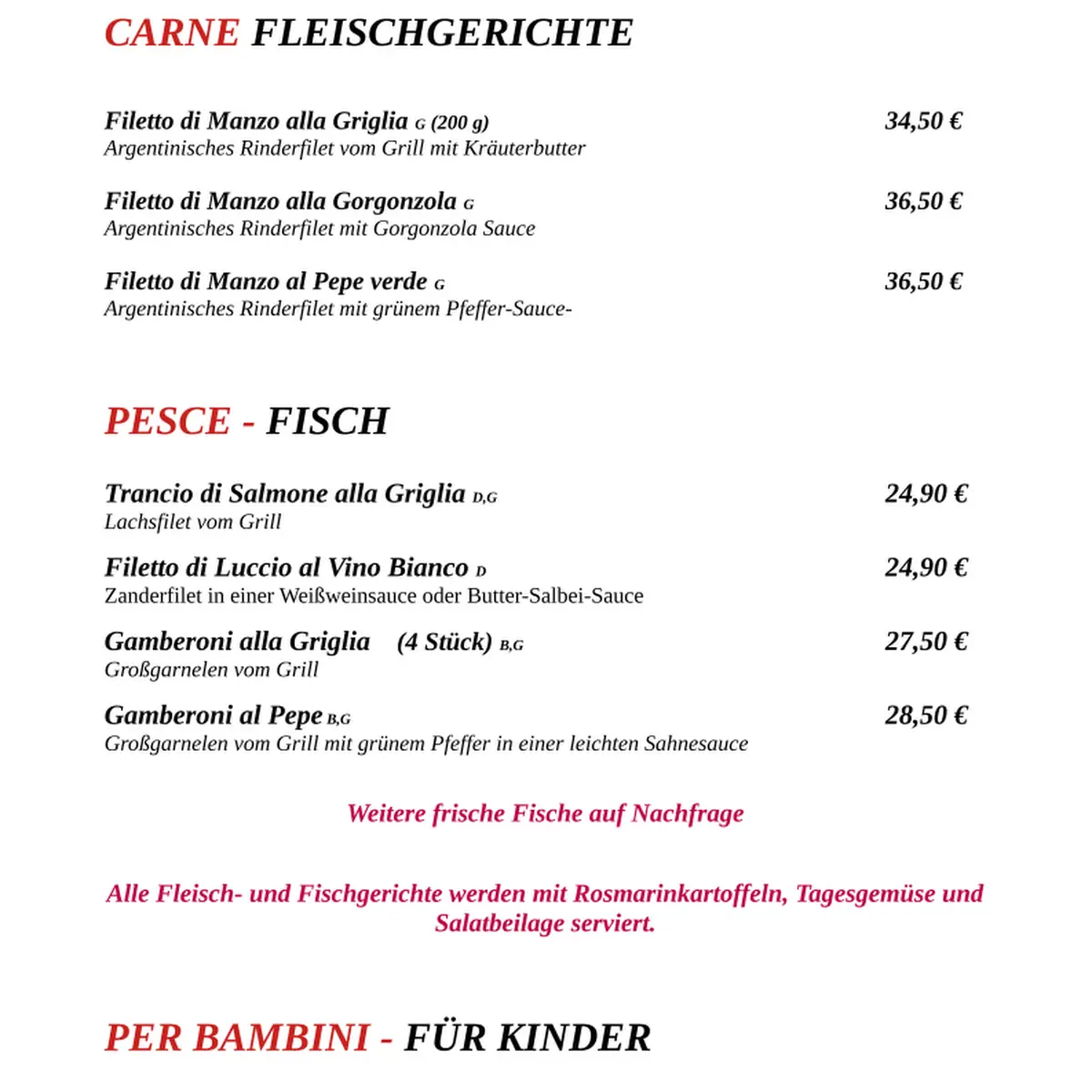 Speisekarte, Trattoria IL Giardino